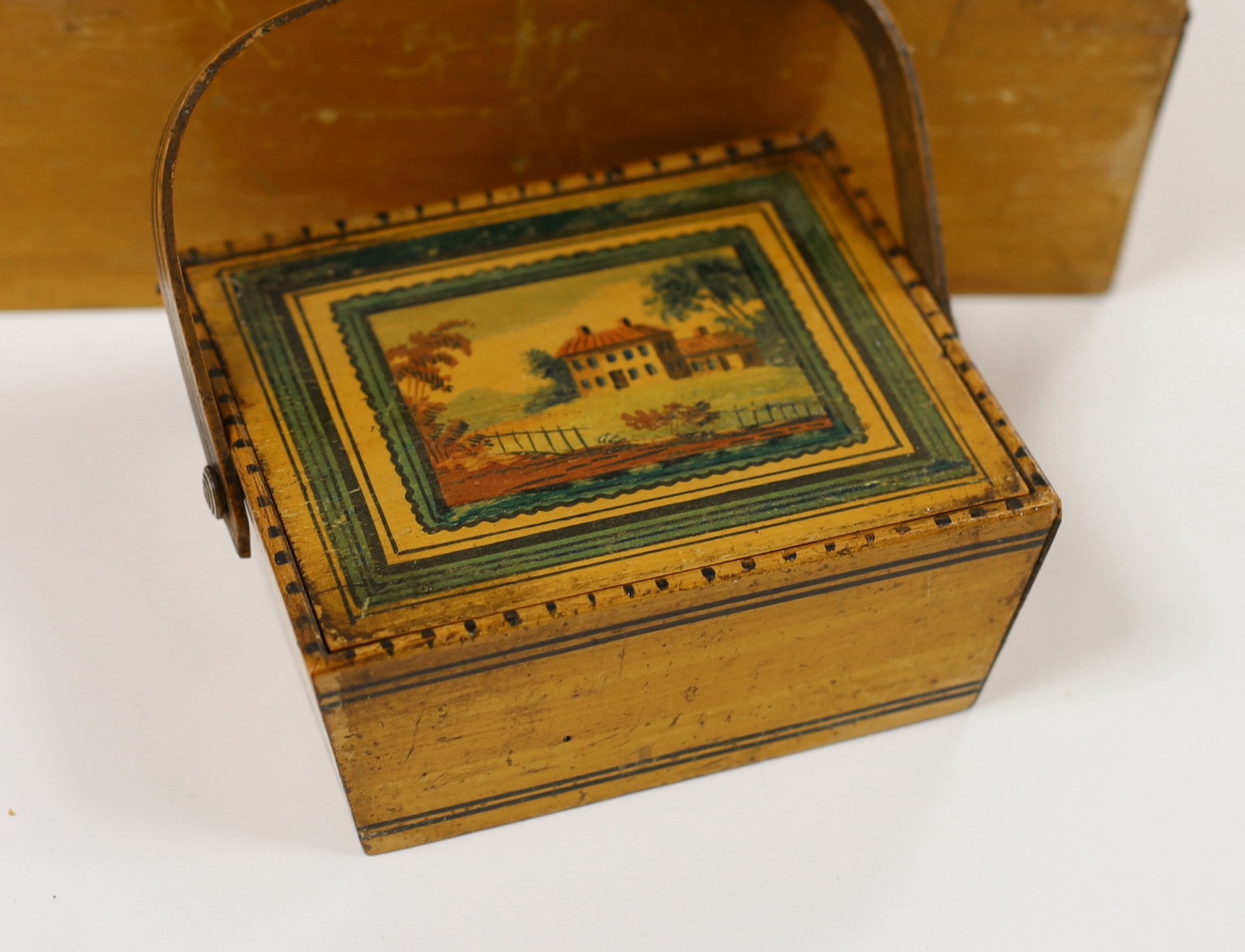 Two early 19th century boxes, a circular Brighton nutmeg grater and a pair of framed early 19th century reverse prints, chinoiserie subjects